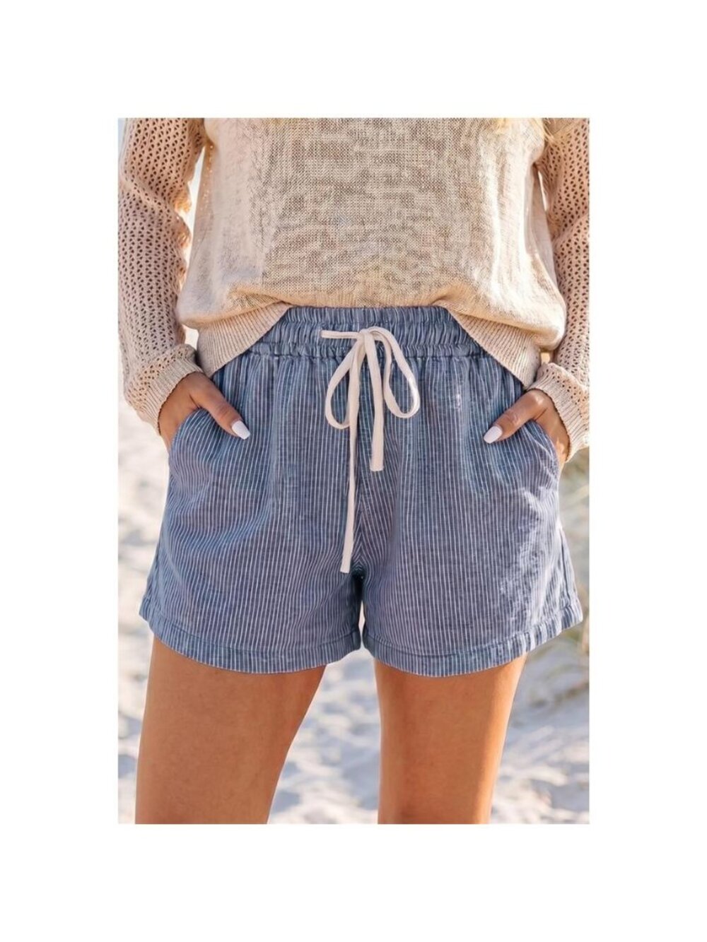 Striped Drawstring Denim Shorts - Picture 3 of 4